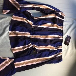 Lunch Date Peplum Top. Color: Navy/Multi. Size:XS